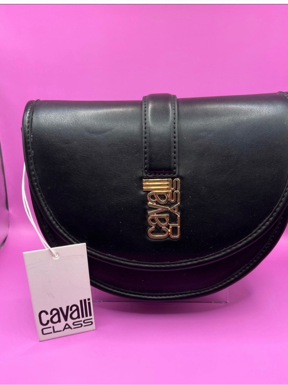 Cavalli Class Black Crossbody Saddle Bag with Gold Logo NWT